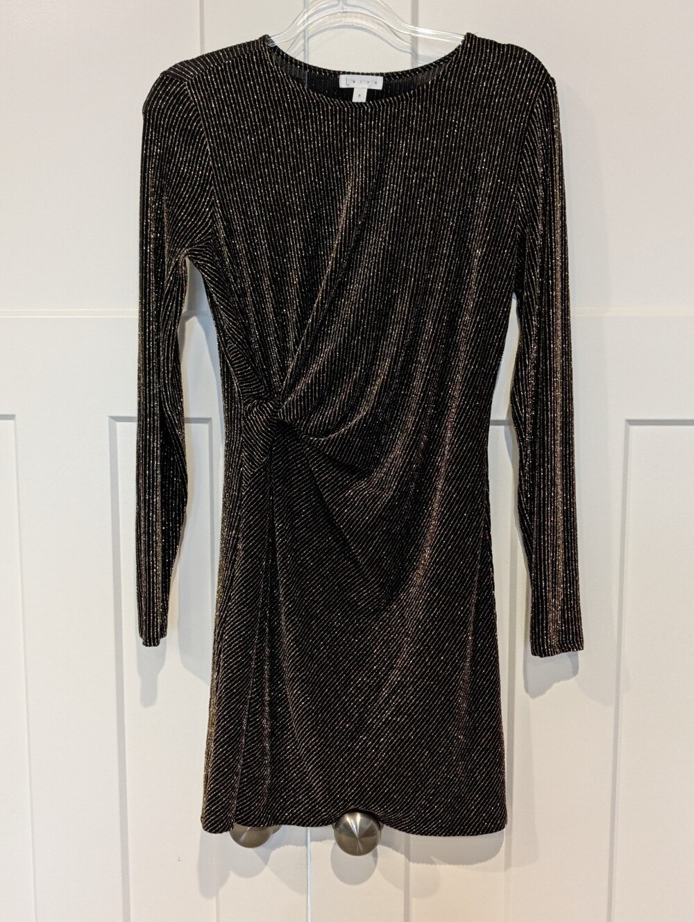 Leith Black Gold Metallic Long-Sleeve Twist-Front Mini Dress